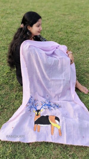 GOND HARINI Hand-painted Gond Art Dupatta - Deer Design