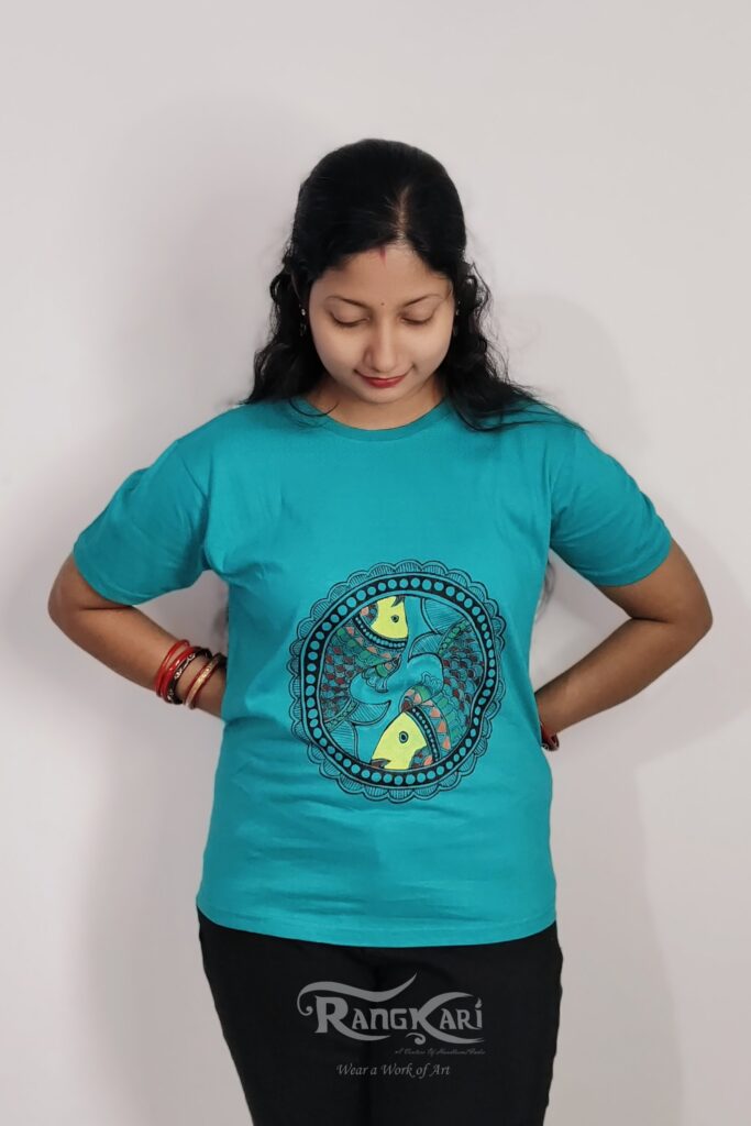 hand painted madhubani fish theme t-shirt