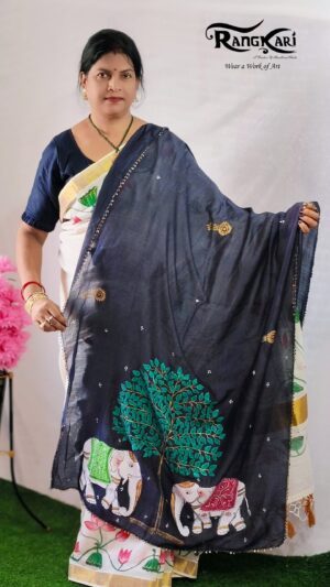 GAJA VRIKSHA Hand Painted Patachitra Dupatta - Elephant Design