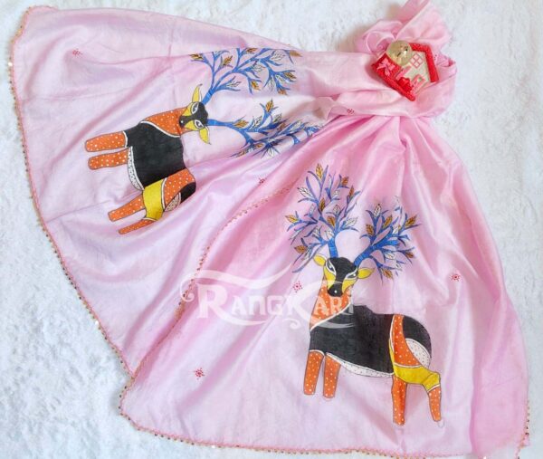 hand painted Gond Art Deer dupatta