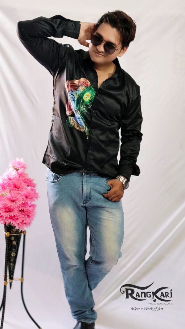 "RANG KRISHNA" Hand-Painted Satin Silk Shirt - Image 2