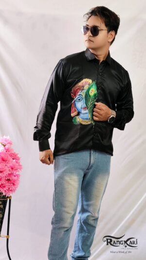 RANG KRISHNA Hand-Painted Satin Silk Shirt - Krishna Design
