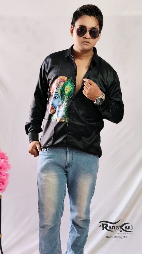 "RANG KRISHNA" Hand-Painted Satin Silk Shirt - Image 4