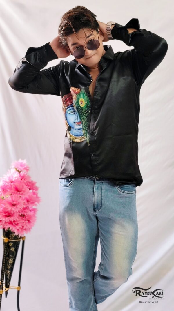 "RANG KRISHNA" Hand-Painted Satin Silk Shirt - Image 3
