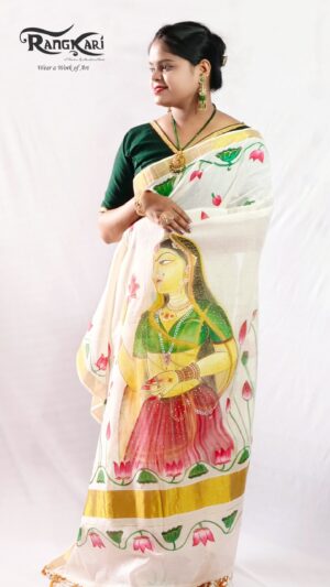 ONAM MOHINI Kerala Kasavu Cotton Saree - Rajasthani Art Pichwai Design