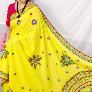 "MITHILA MANJARI"
 Hand-Painted Yellow Mulmul Cotton Saree