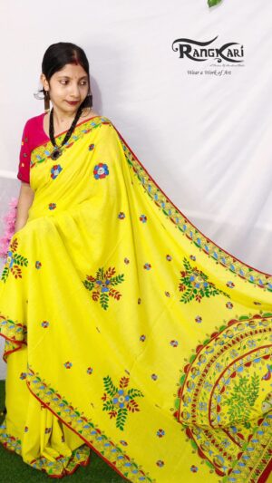 MITHILA MANJARI
 Hand-Painted Yellow Mulmul Cotton Saree