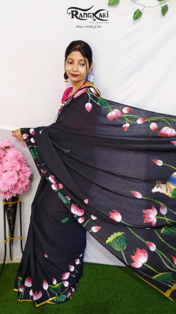 "PADMA PICHWAI" Hand-Painted Mulmul Cotton Saree - Image 6