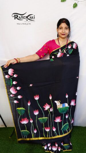 PADMA PICHWAI Hand-Painted Mulmul Cotton Saree - Pichwai Design