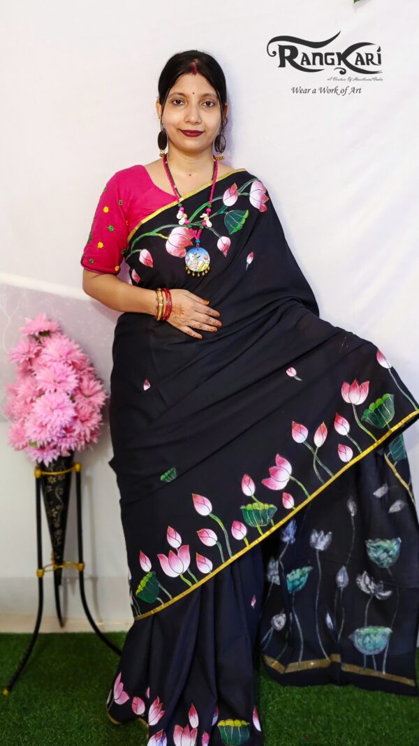 "PADMA PICHWAI" Hand-Painted Mulmul Cotton Saree - Image 3