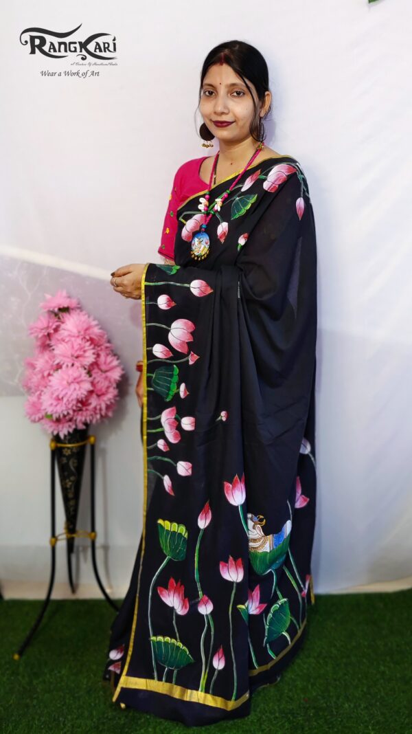 "PADMA PICHWAI" Hand-Painted Mulmul Cotton Saree - Image 5