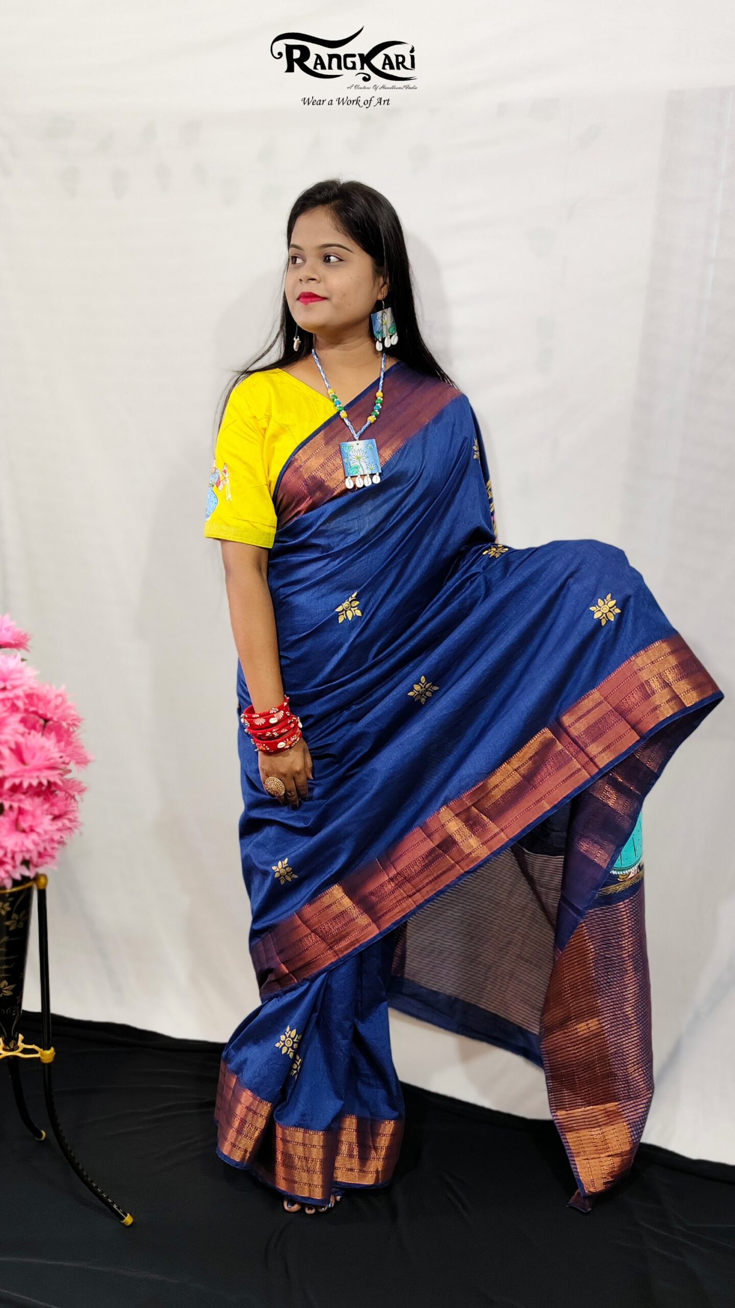 "RAAS RANGINI" Hand-Painted Blue Pattachitra Nartaki theme Saree - Image 2