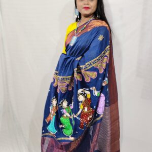 "RAAS RANGINI" Hand-Painted Blue Pattachitra Nartaki theme Saree