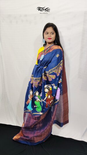 RAAS RANGINI Hand-Painted Blue Pattachitra Nartaki Design Saree