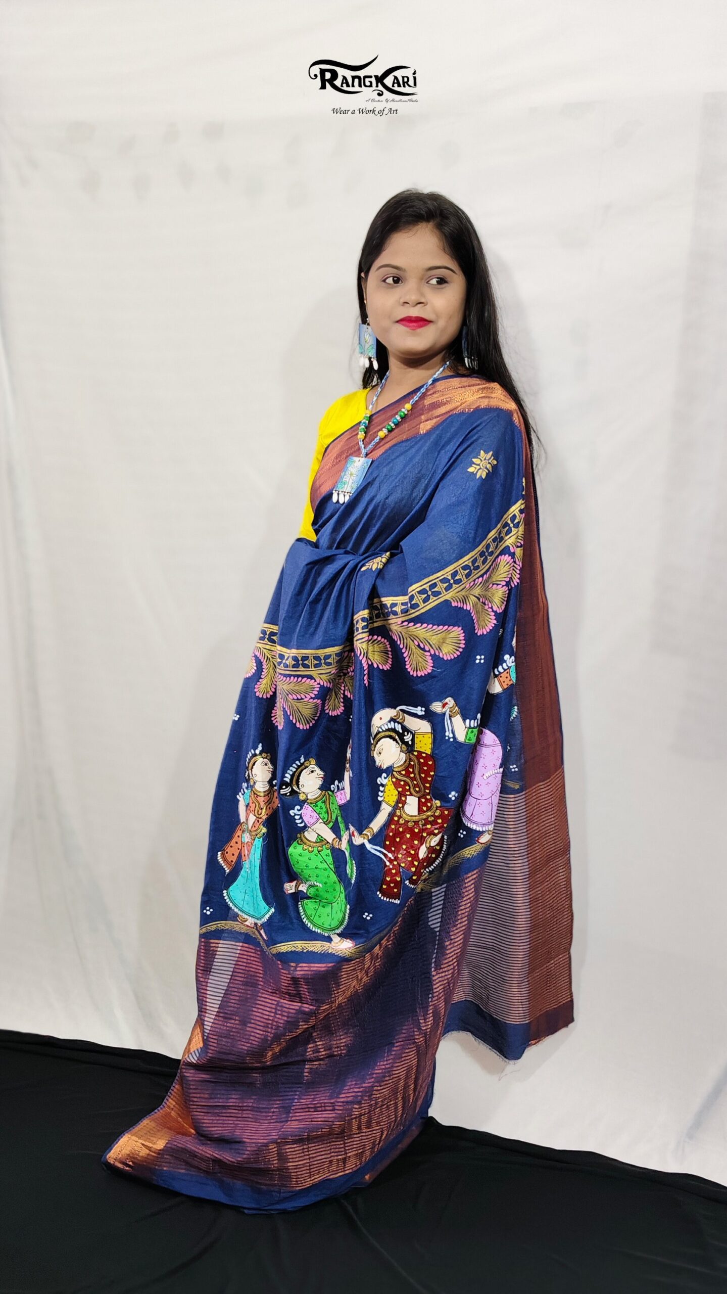 "RAAS RANGINI" Hand-Painted Blue Pattachitra Nartaki theme Saree