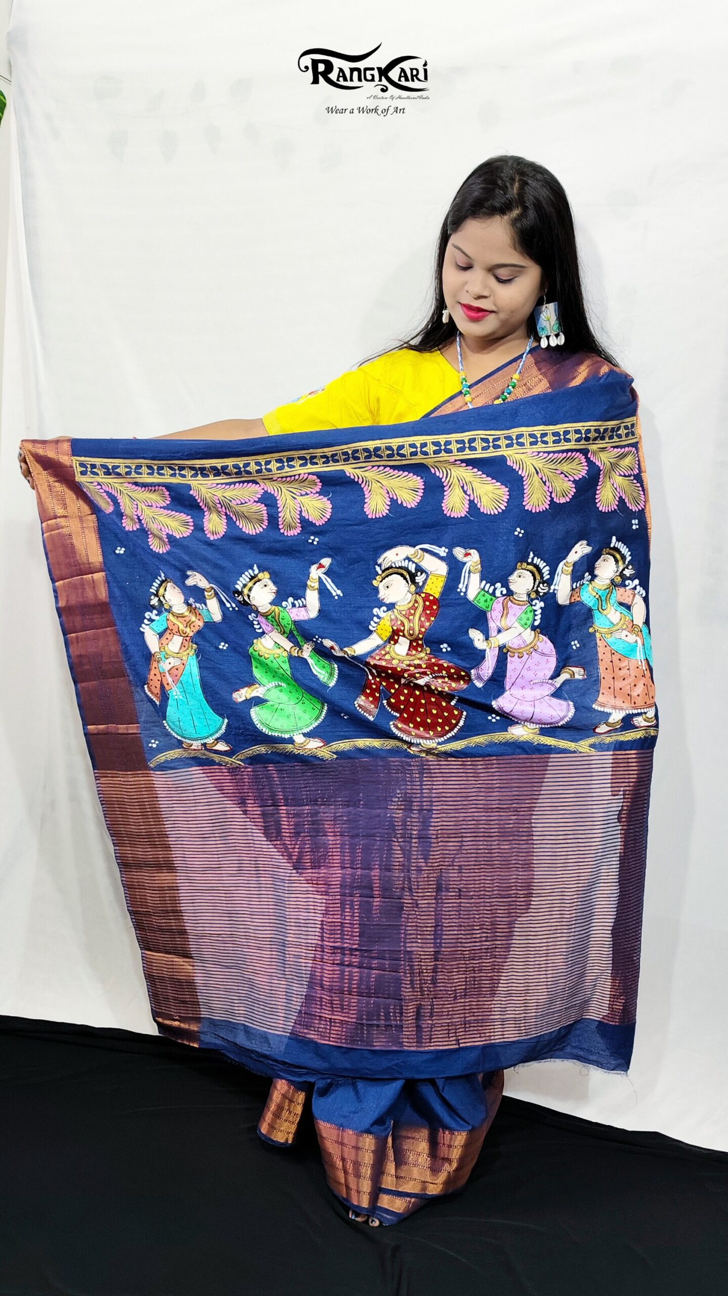"RAAS RANGINI" Hand-Painted Blue Pattachitra Nartaki theme Saree - Image 4