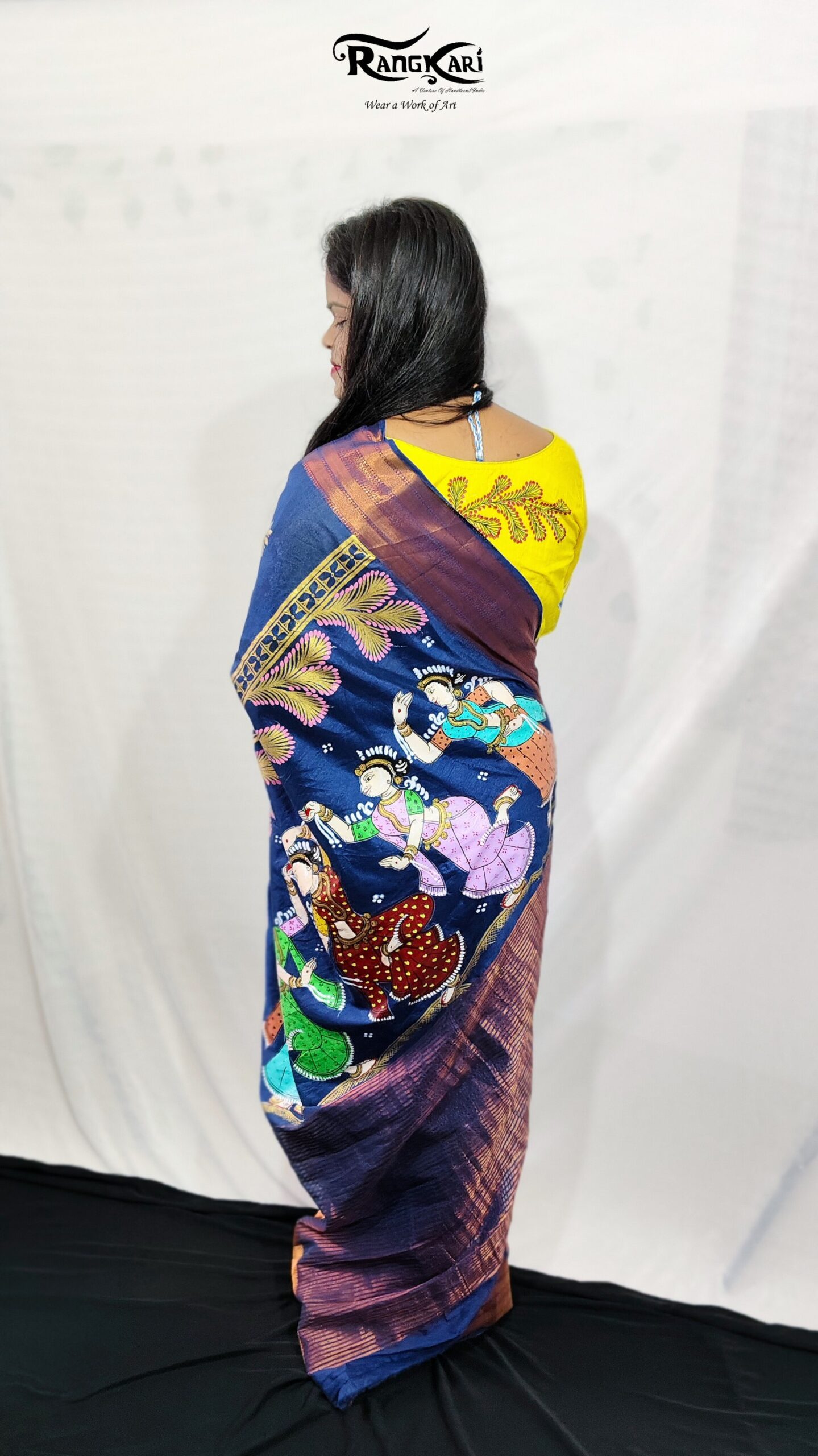 "RAAS RANGINI" Hand-Painted Blue Pattachitra Nartaki theme Saree - Image 3