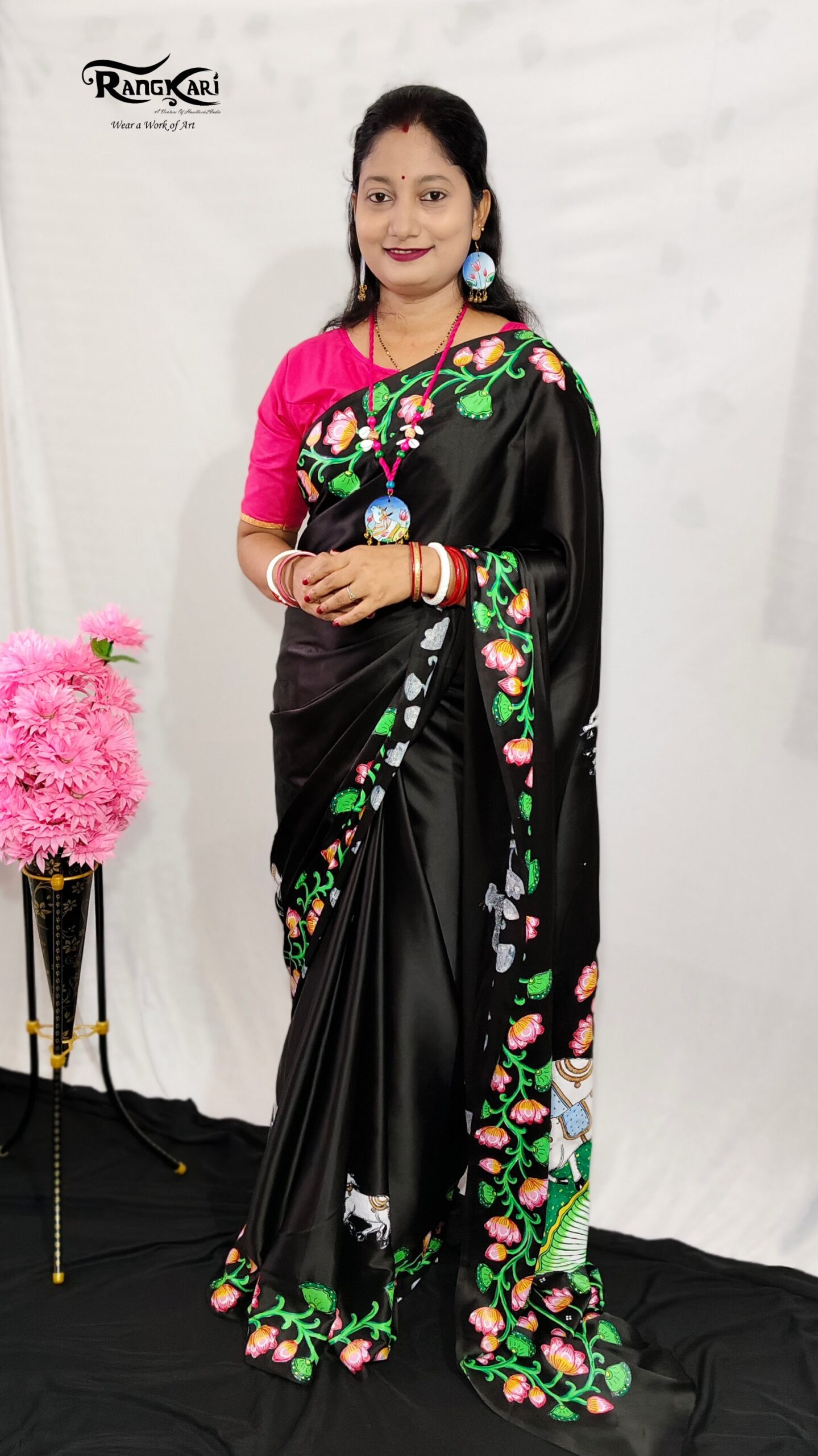 "PADMA KAMADHENU" Hand-Painted Satin Silk Saree - Image 2