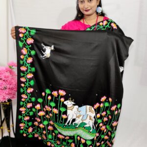 "PADMA KAMADHENU" Hand-Painted Satin Silk Saree