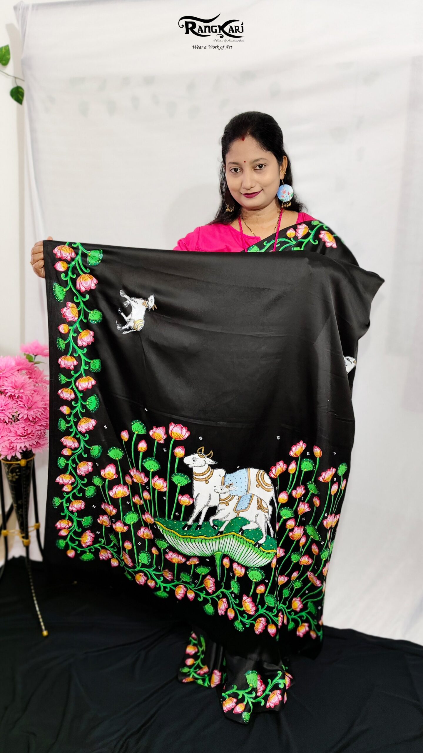 "PADMA KAMADHENU" Hand-Painted Satin Silk Saree