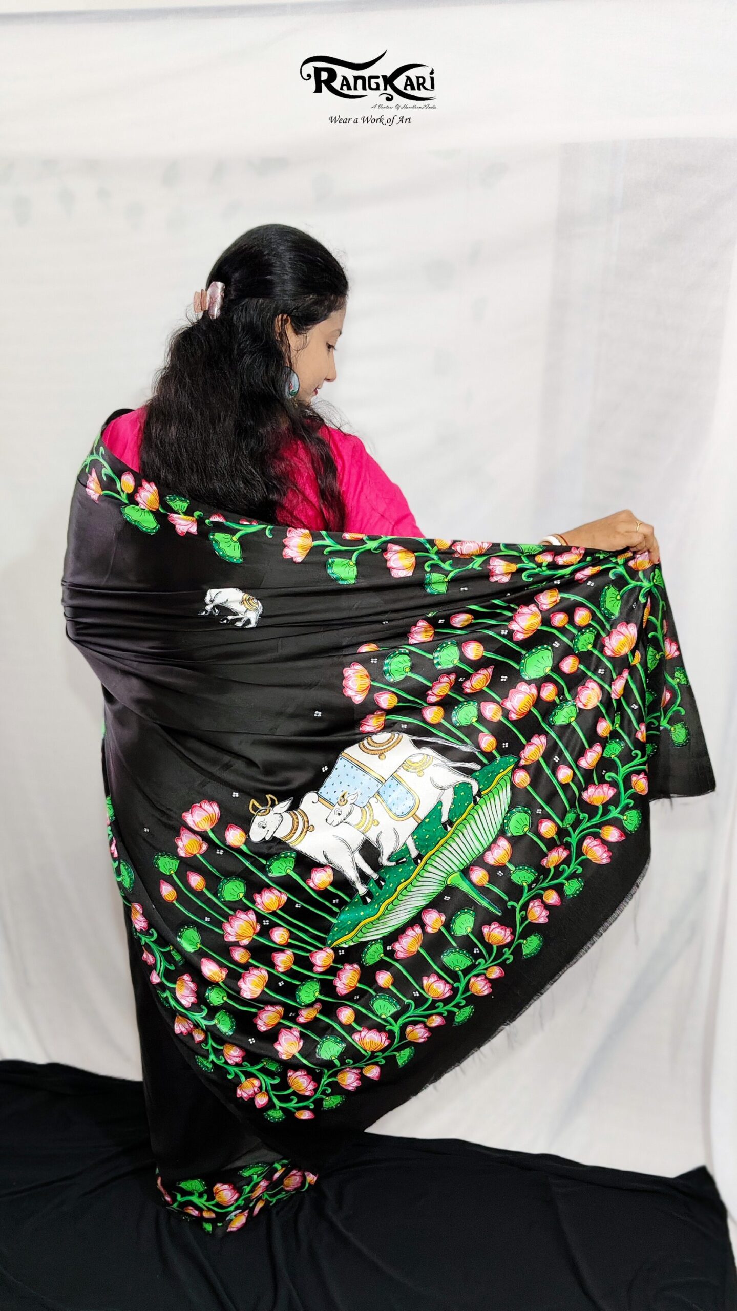 "PADMA KAMADHENU" Hand-Painted Satin Silk Saree - Image 4