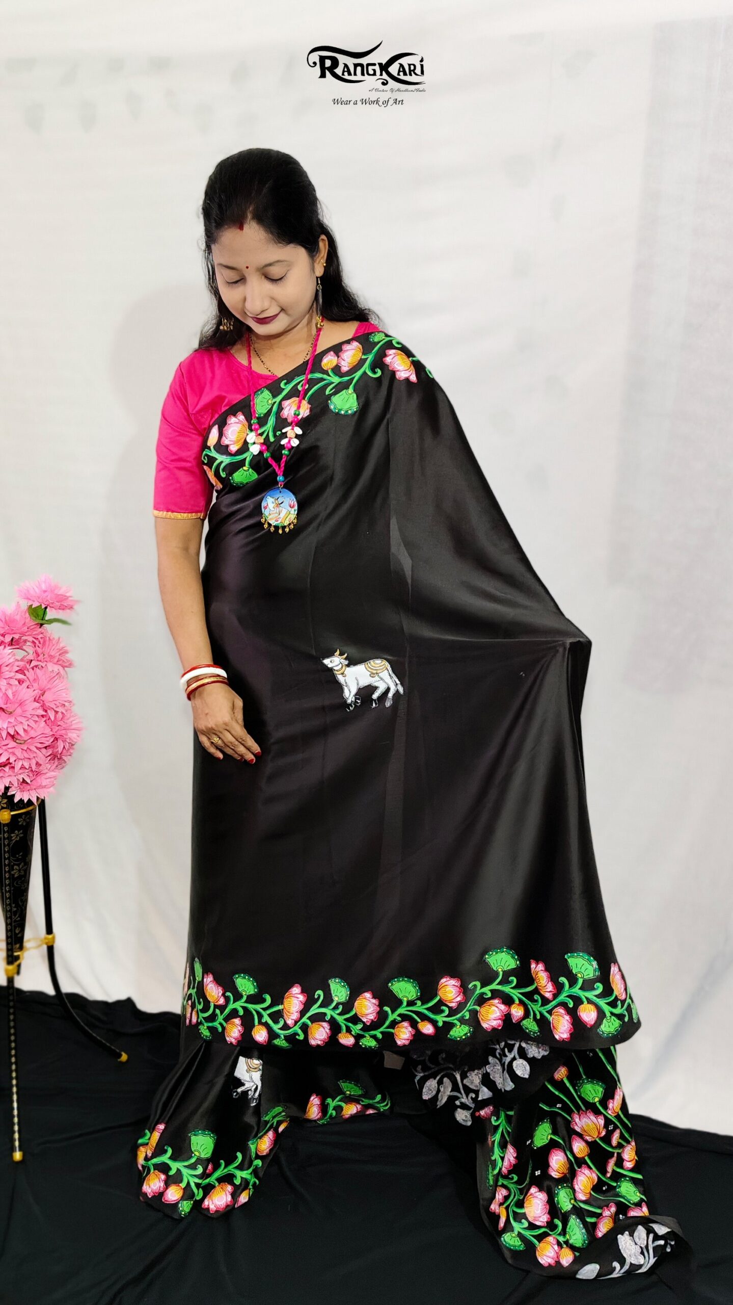 "PADMA KAMADHENU" Hand-Painted Satin Silk Saree - Image 3