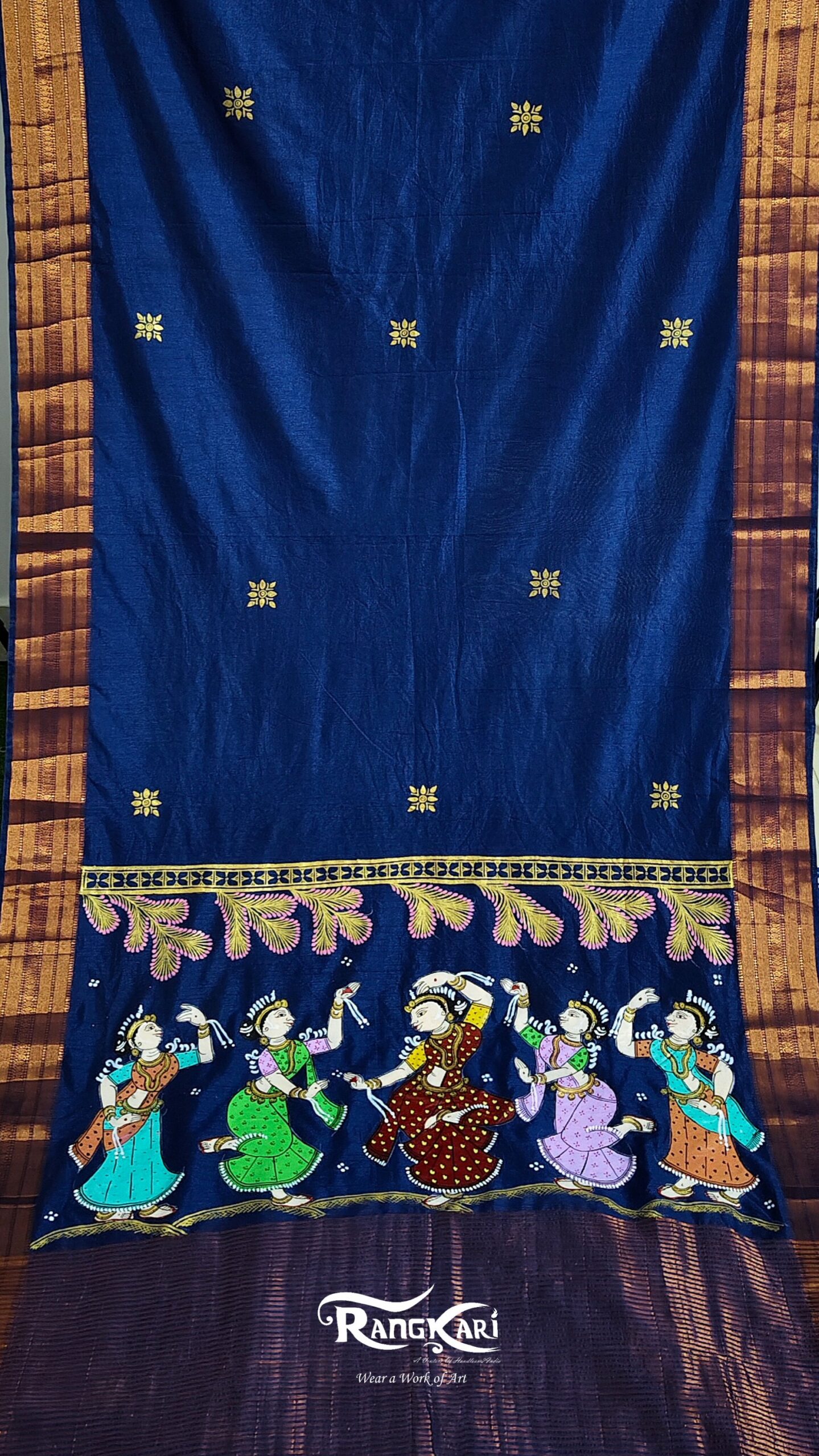 "RAAS RANGINI" Hand-Painted Blue Pattachitra Nartaki theme Saree - Image 5