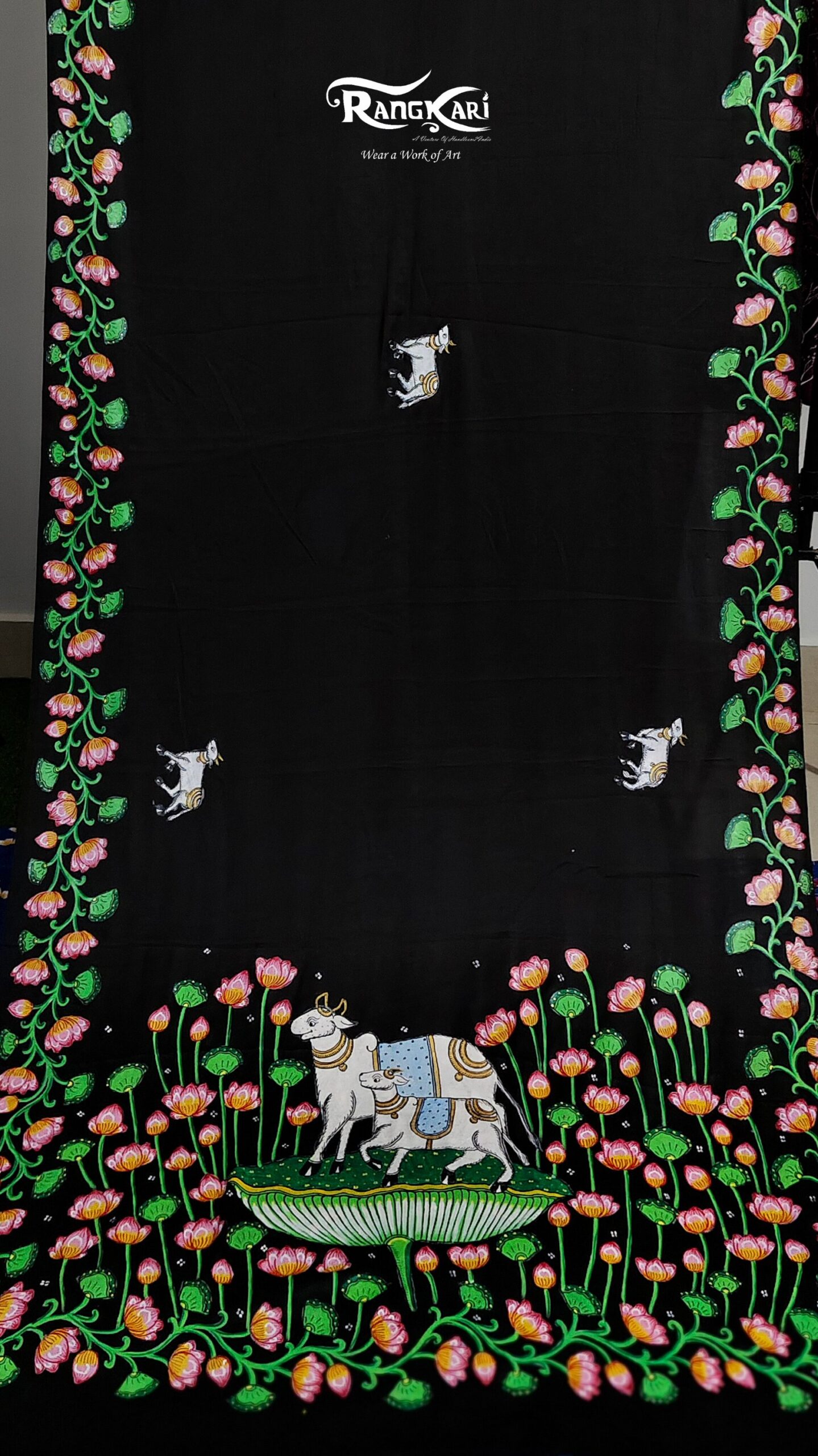 "PADMA KAMADHENU" Hand-Painted Satin Silk Saree - Image 5