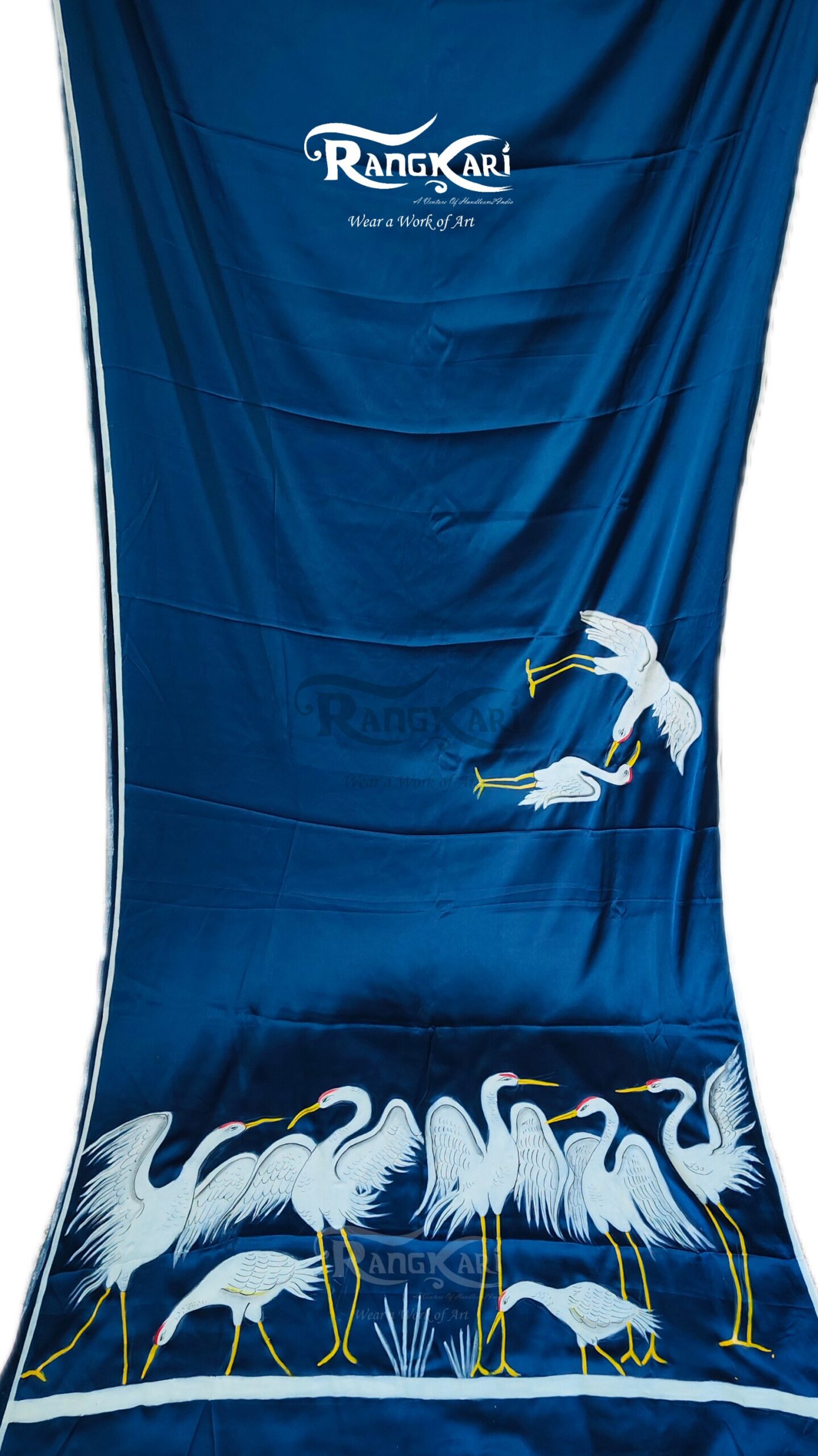 "Neel Sarovar" Hand-Painted Satin Silk Saree