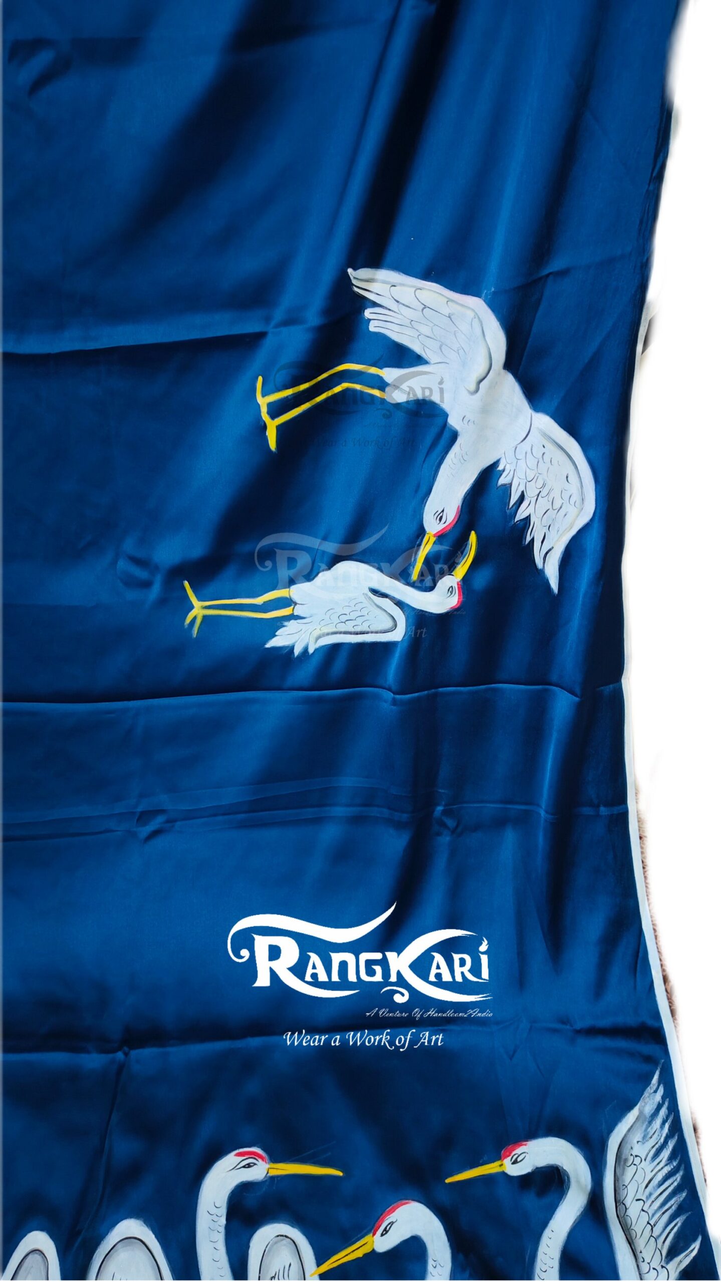 "Neel Sarovar" Hand-Painted Satin Silk Saree - Image 4