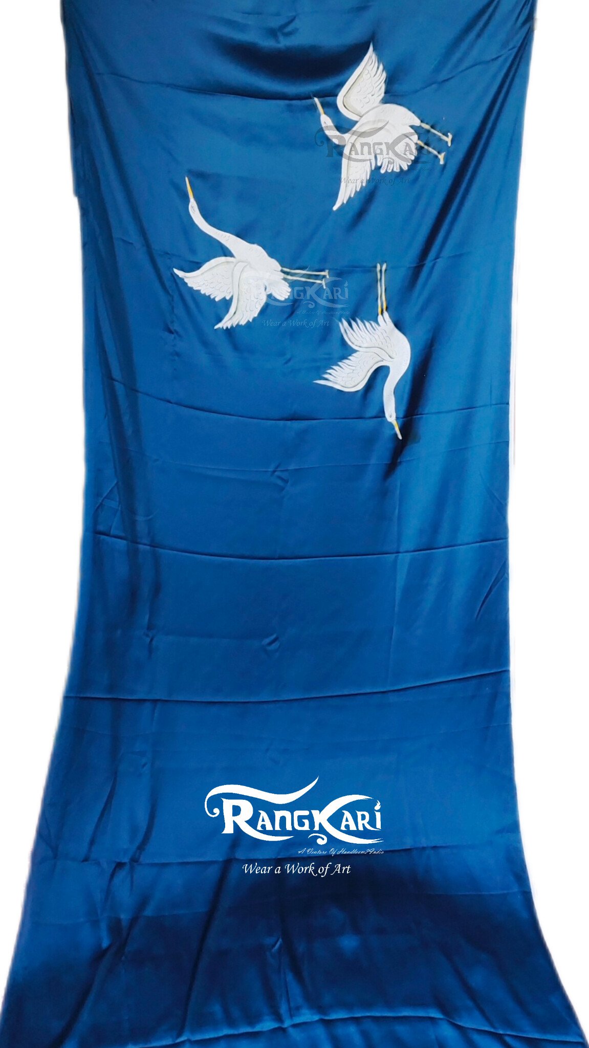 "Neel Sarovar" Hand-Painted Satin Silk Saree - Image 3