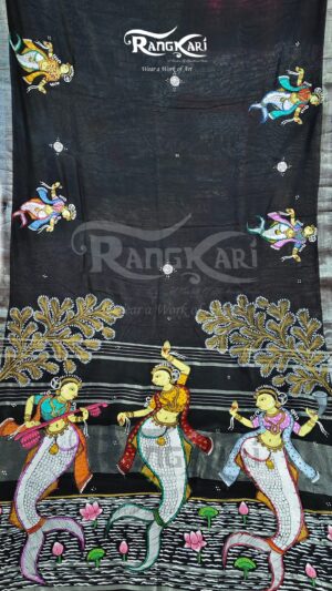 MATSYA KATHA Hand-Painted Pattachitra Lenin Cotton Saree - Mermaid Design