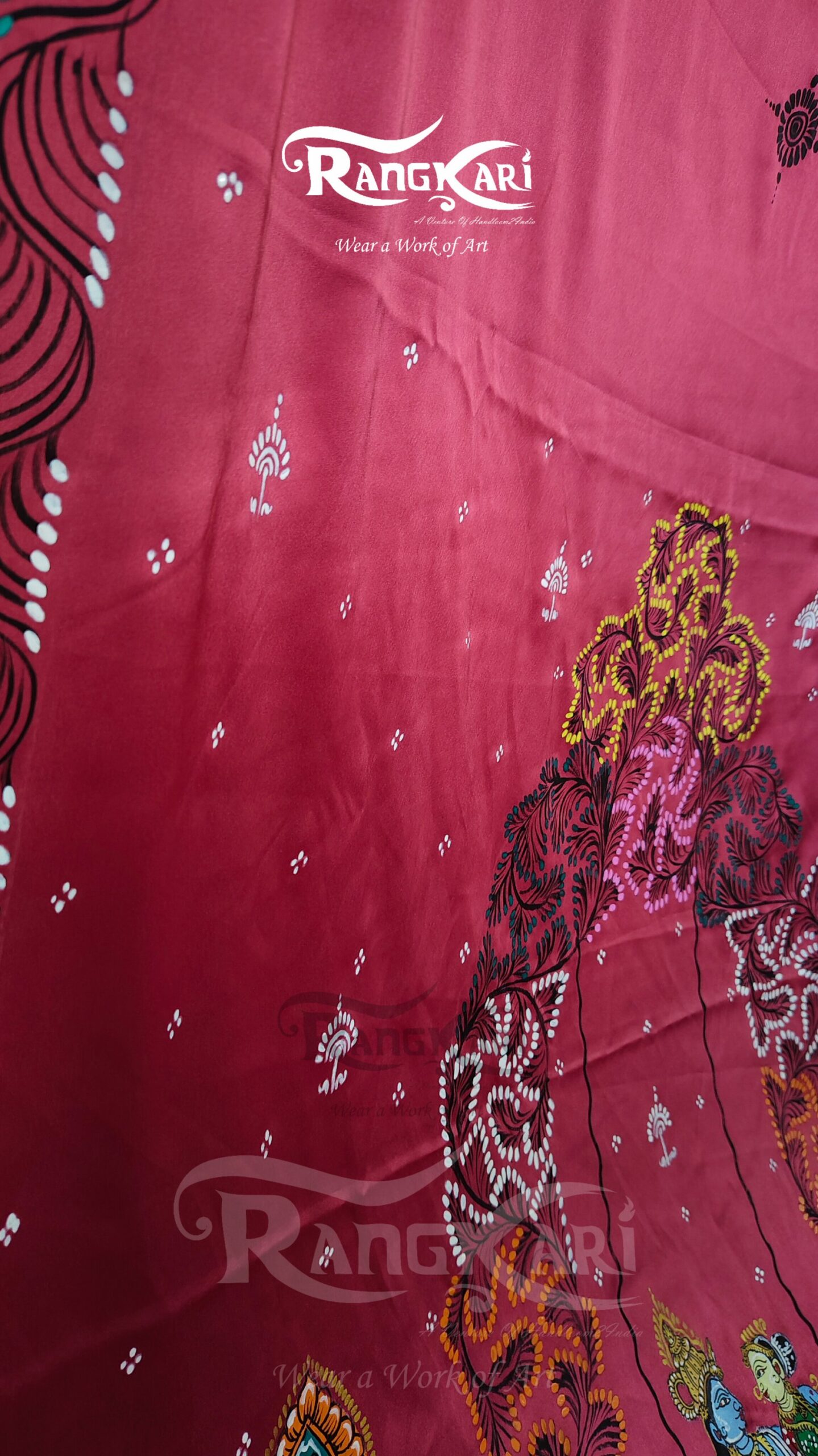 "MADHUR RAAS"Hand-Painted Pattachitra Krishna Leela Saree - Image 4