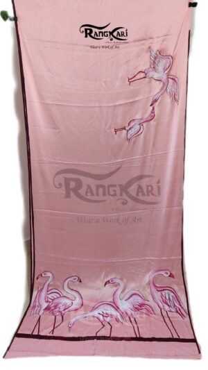 GULABI SAATH Hand-Painted Satin Silk Saree - Flamingo Design