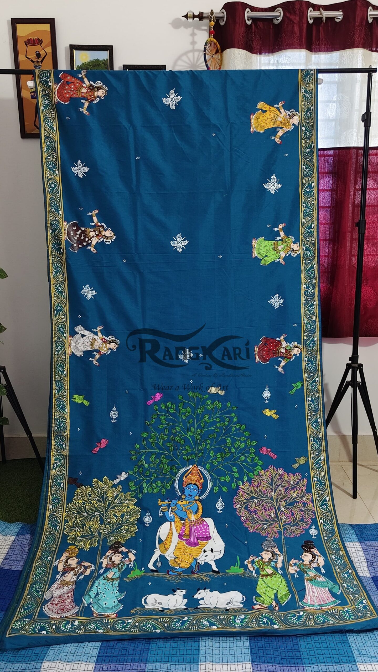 VRINDAVAN RAAS Hand Painted Soft Silk Saree - Krishna Raasleela Design - Image 3