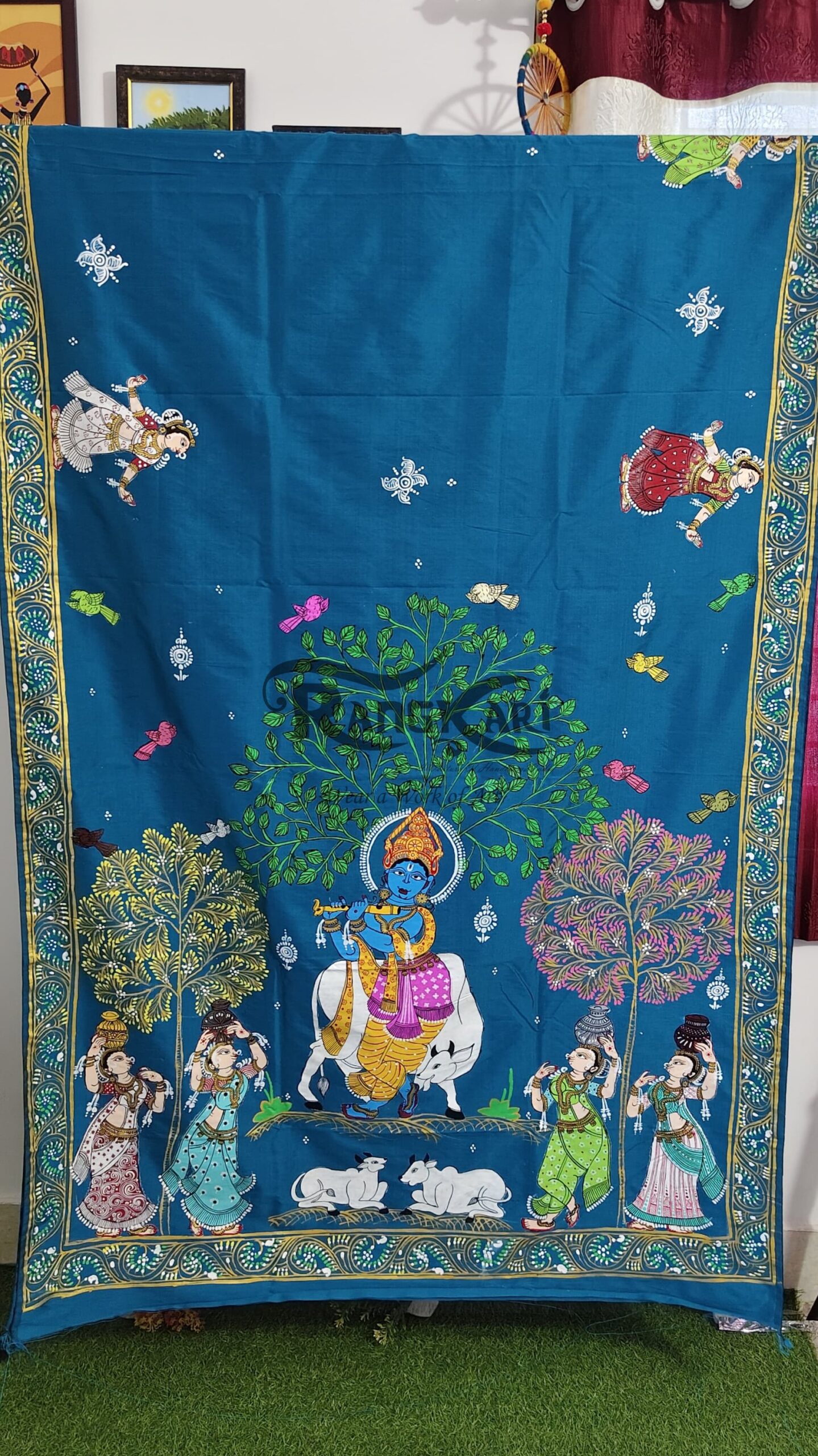 VRINDAVAN RAAS Hand Painted Soft Silk Saree - Krishna Raasleela Design - Image 2