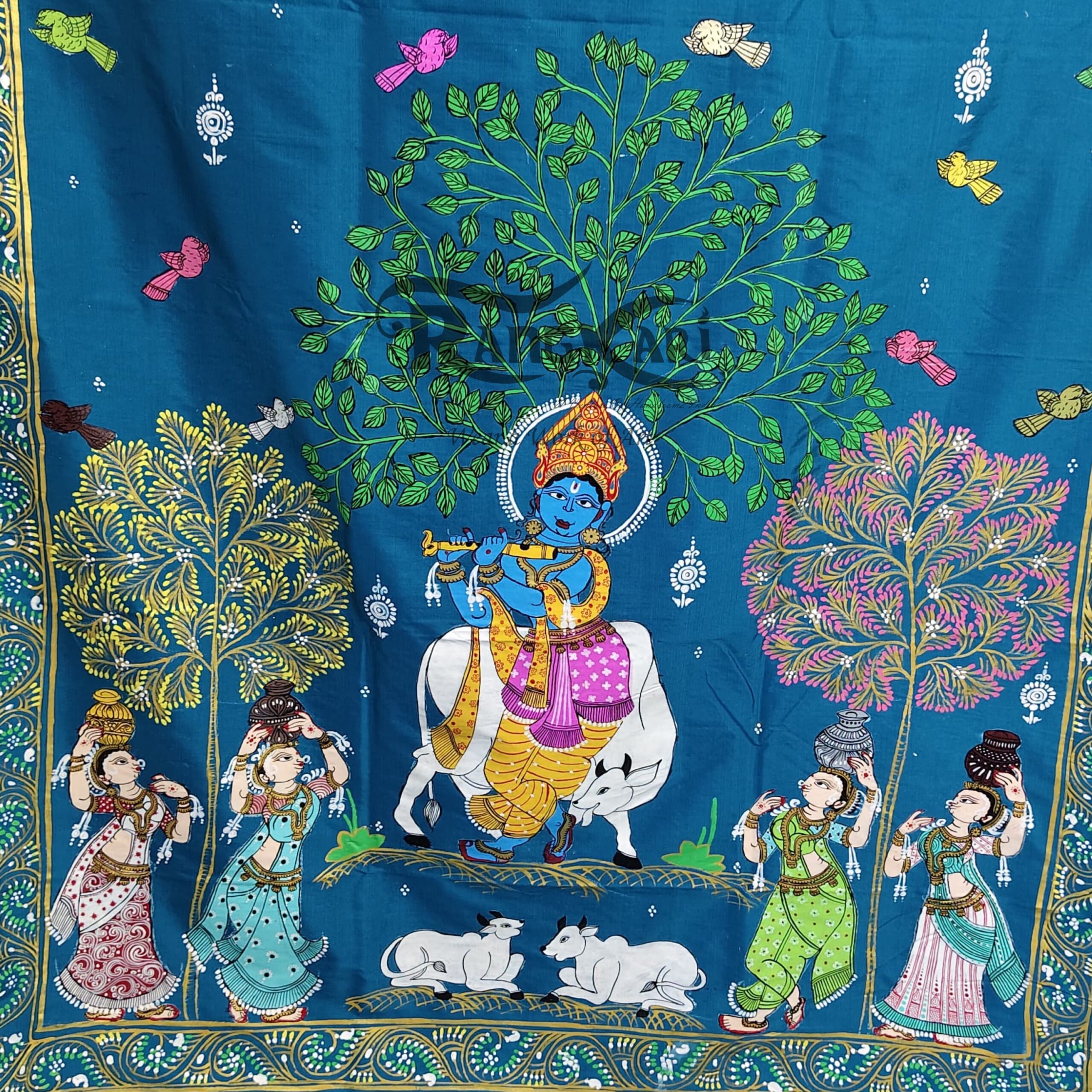 VRINDAVAN RAAS Hand Painted Soft Silk Saree - Krishna Raasleela Design - Image 6