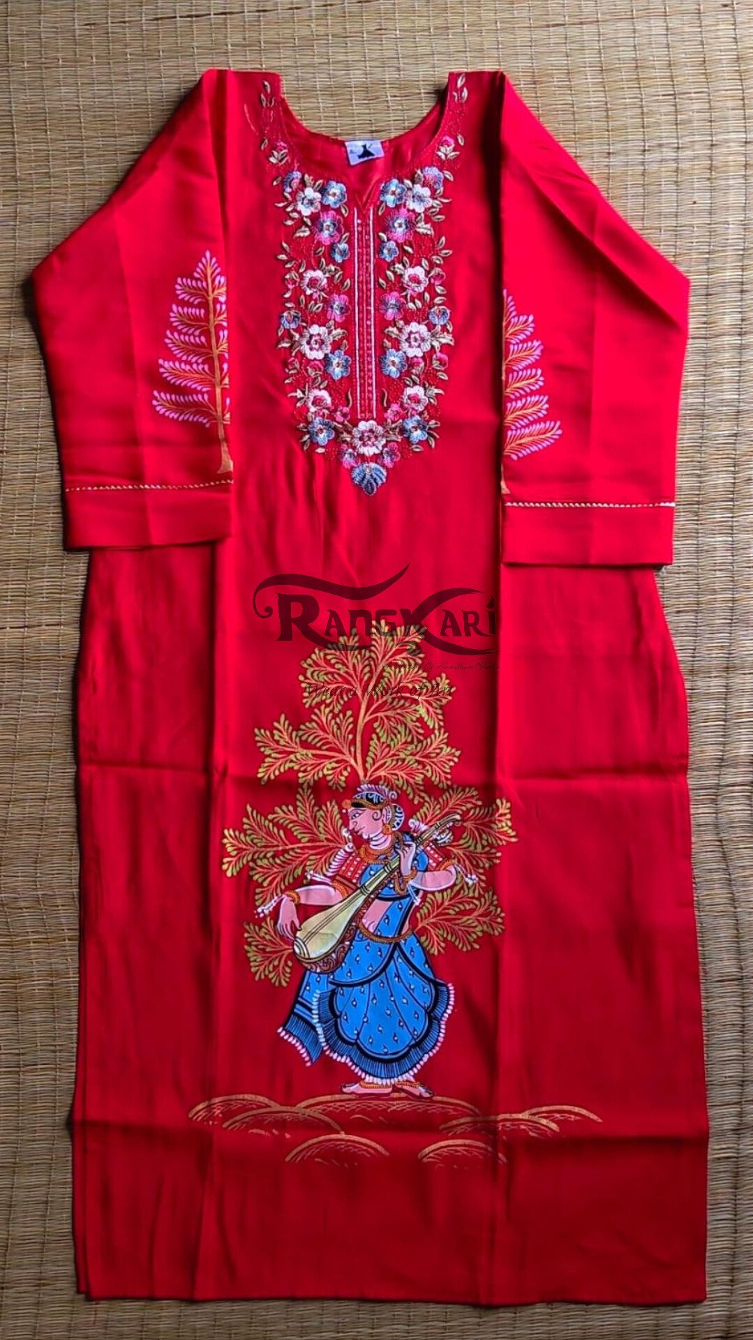 VEENA VARNAM Hand Painted Patachitra Silk Kurti - Nartaki with Veena Design - Image 3