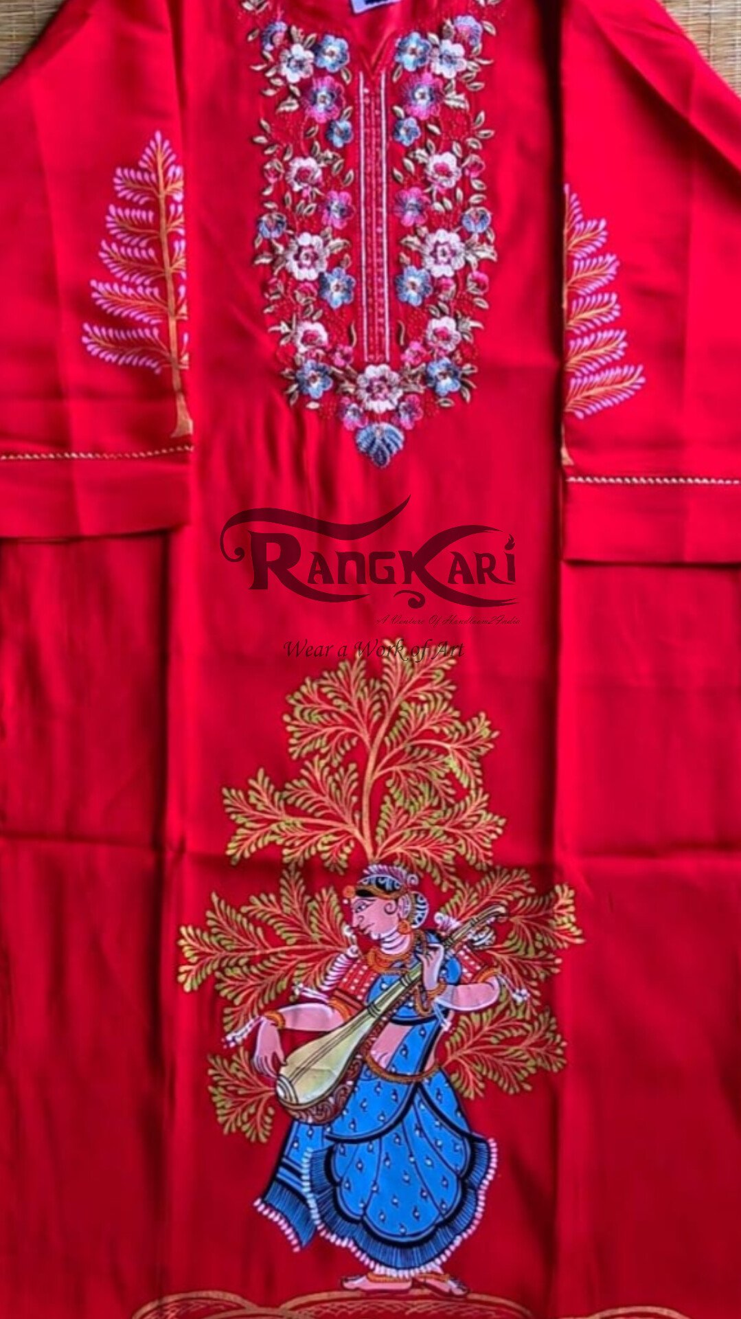 VEENA VARNAM Hand Painted Patachitra Silk Kurti - Nartaki with Veena Design - Image 4