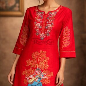 VEENA VARNAM Hand Painted Patachitra Silk Kurti - Nartaki with Veena Design