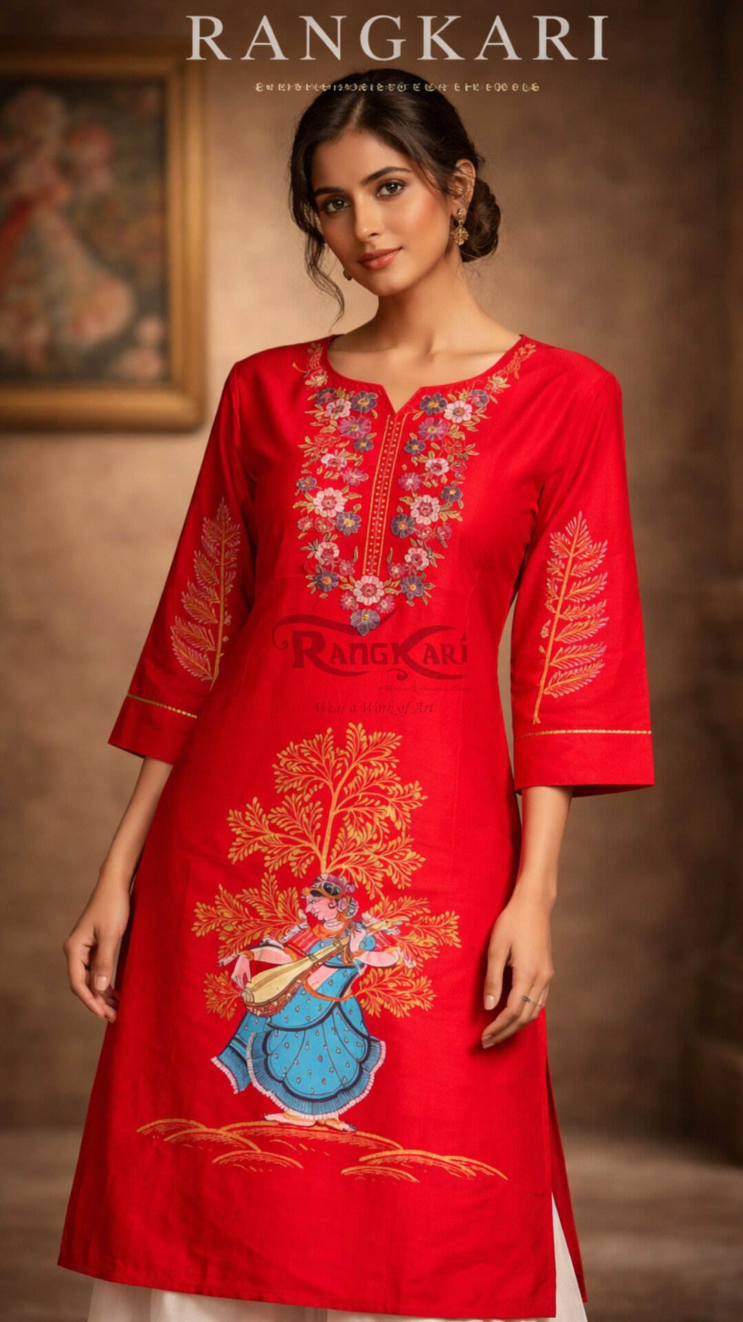 VEENA VARNAM Hand Painted Patachitra Silk Kurti - Nartaki with Veena Design