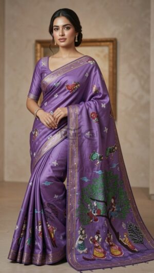 MAKHAN RAAS Hand Painted Soft Silk Saree - Krishna Balabhadra Raasleela Design