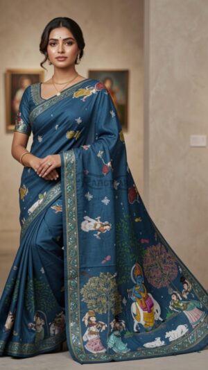 VRINDAVAN RAAS Hand Painted Soft Silk Saree - Krishna Raasleela Design