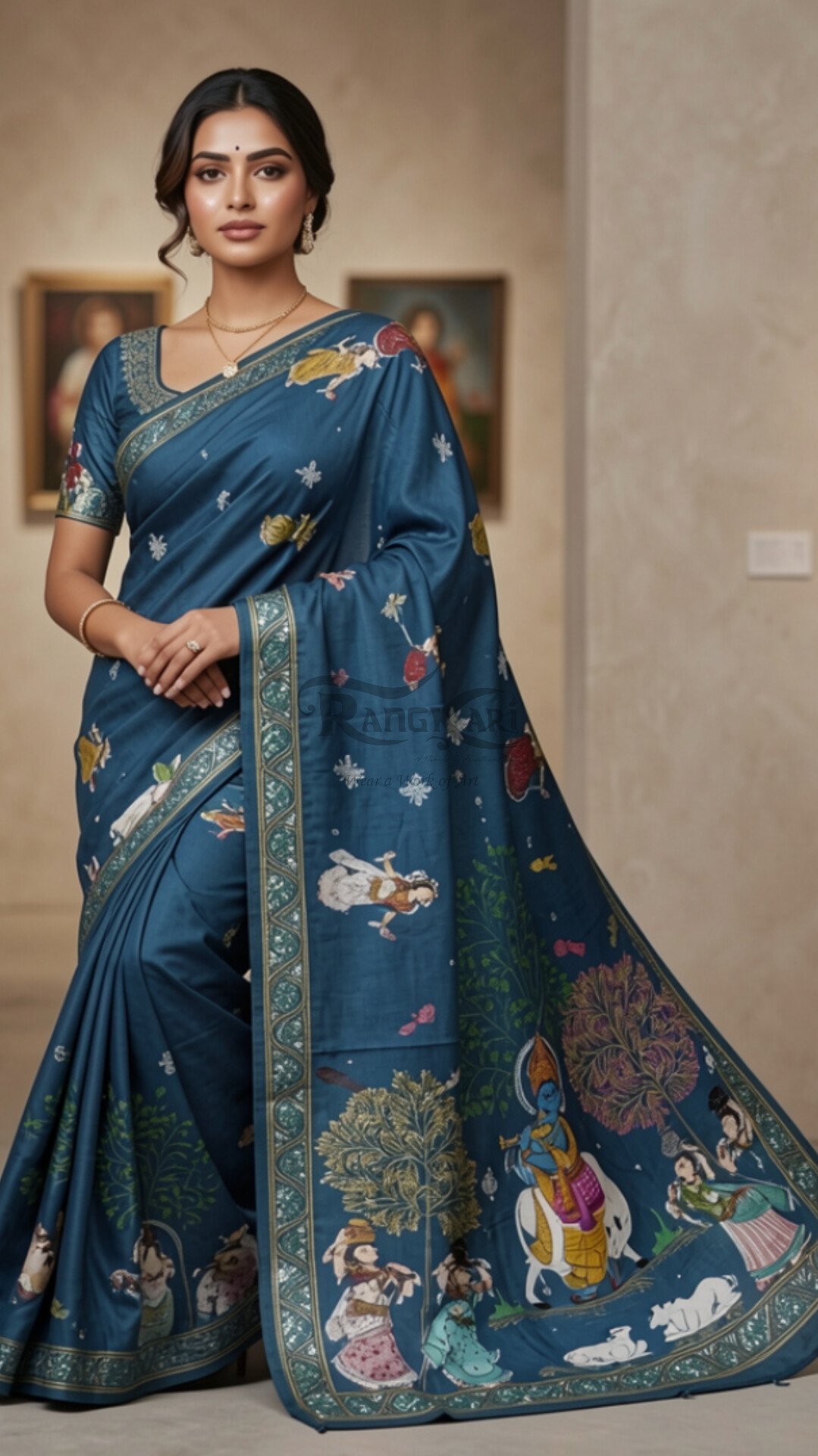 VRINDAVAN RAAS Hand Painted Soft Silk Saree - Krishna Raasleela Design