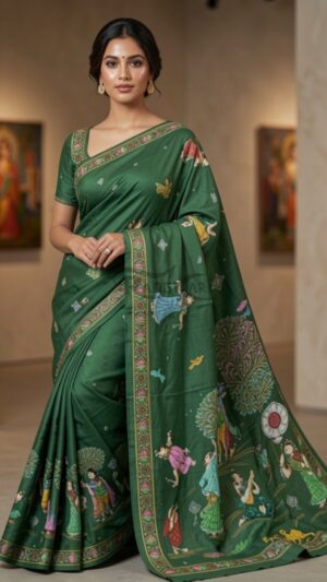 MADHUBAN RASOTSAV Hand Painted Khadi Silk Saree - Krishna Raasleela Design