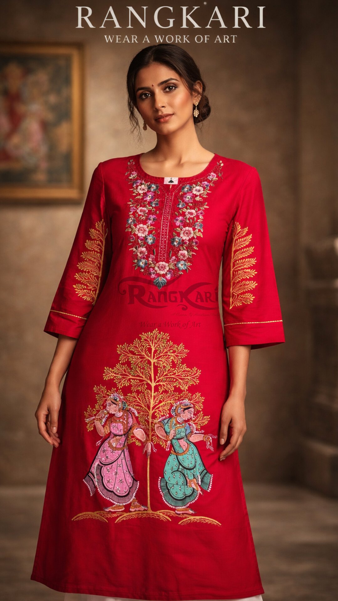 ABHINAYA Hand Painted Patachitra Silk Kurti - Nartaki Dancing