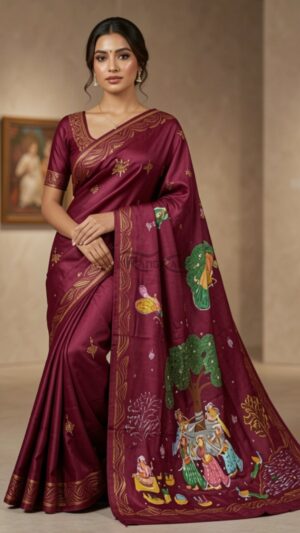 VATASHRI: The Sacred Banyan Handpainted Pattachitra Silk Saree - Savitri Design