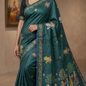 VANA LEELA: The Sacred Grove Handpainted Pure Silk Saree - Nartaki Dancing Design