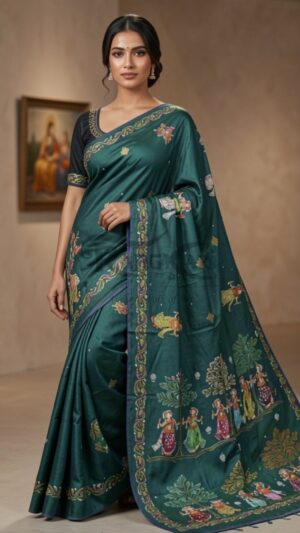VANA LEELA: The Sacred Grove Handpainted Pure Silk Saree - Nartaki Dancing Design