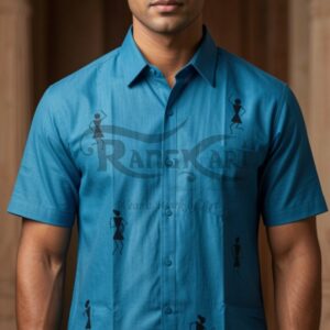 NEELKAAR Hand Painted Tribal Art Khadi Half Shirt